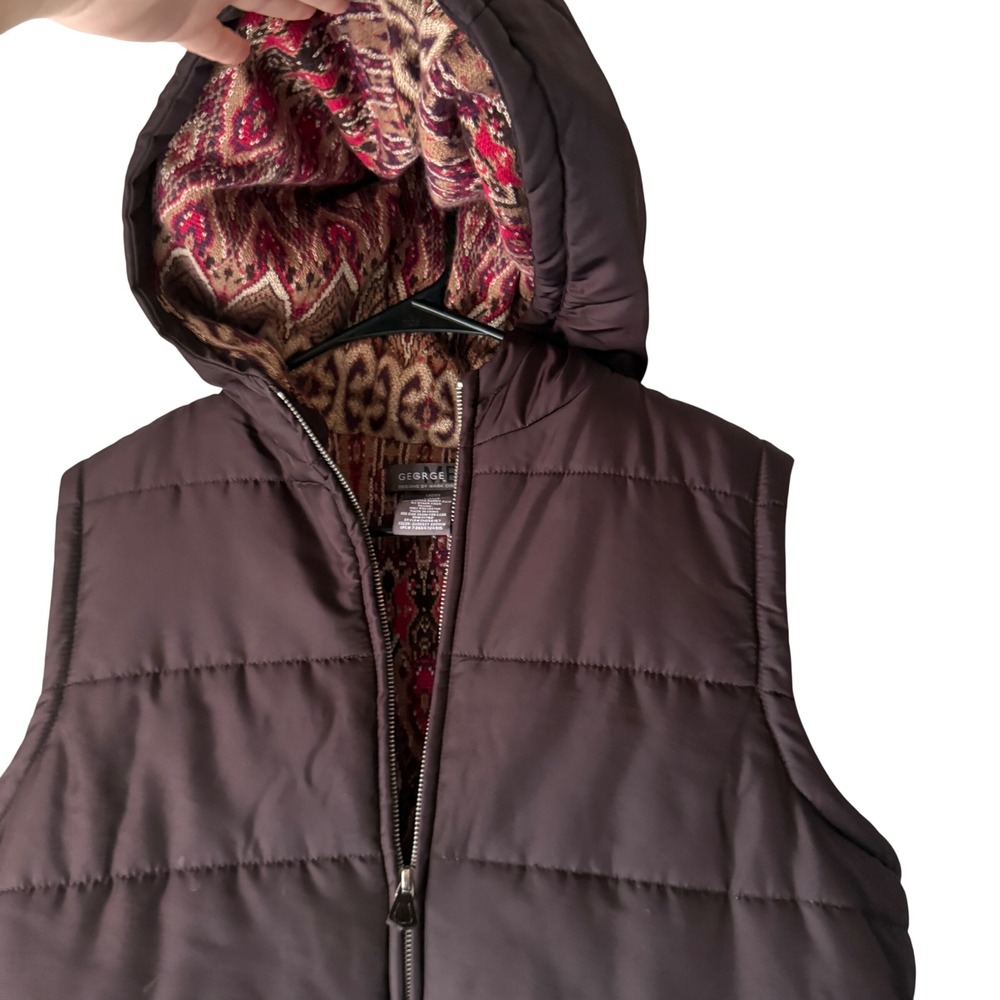George Design Vintage Y2k Quilted Puffer Vest Hooded Chocolate Brown L Fair Isle